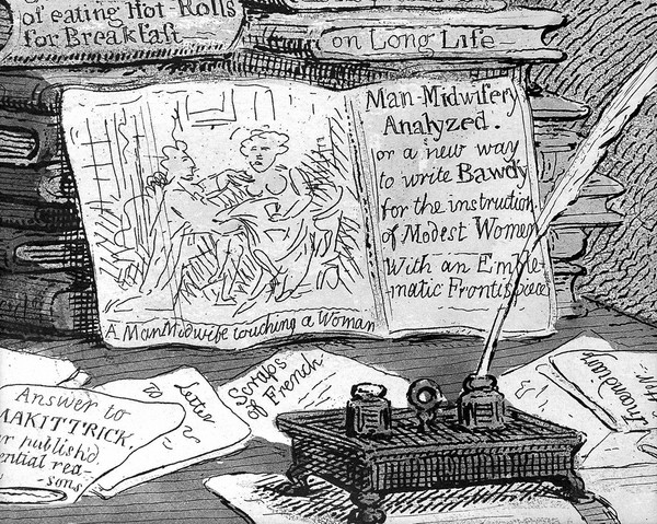 Philip Thicknesse writing at a table, surrounded by demonic apparitions representing aspects of his life. Aquatint by J. Gillray after himself, 1790.