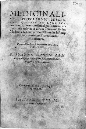 Title page from Lange, Medicinalium epistolarum miscellanea, 1554