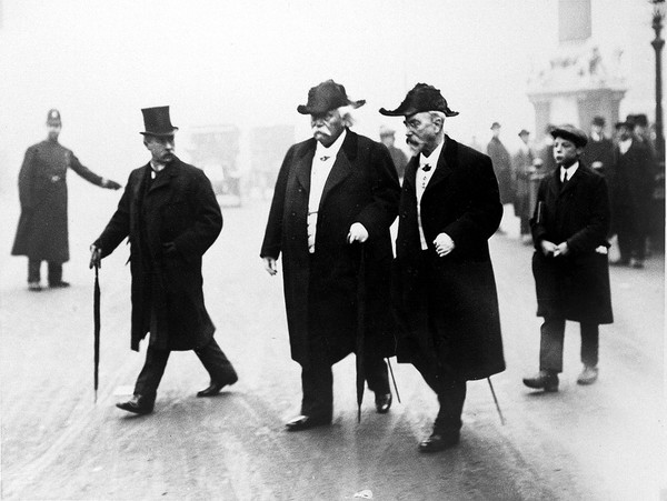 Jean Baptiste Auguste Chauveau and Gabriel Lippmann at the funeral of Joseph Lister. Photograph by Topical Press Agency, 1912.