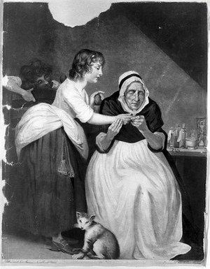 view A woman doctor examining a girl's finger. Coloured mezzotint by J. Walker, ca. 1783, after J. Northcote.