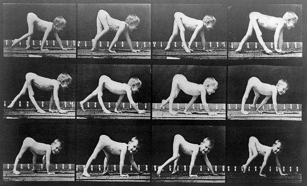 A paralytic child walking on hands and feet. Collotype after Eadweard Muybridge, 1887.