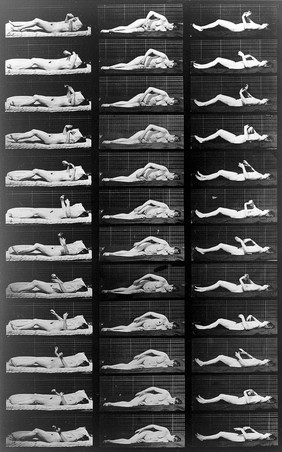 A woman on the ground with artificially induced convulsions. Collotype after Eadweard Muybridge, 1887.