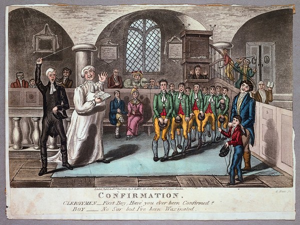 The confirmation ceremony for a group of boys; one of them confuses confirmation with vaccination. Coloured aquatint by G. Hunt, 1831.