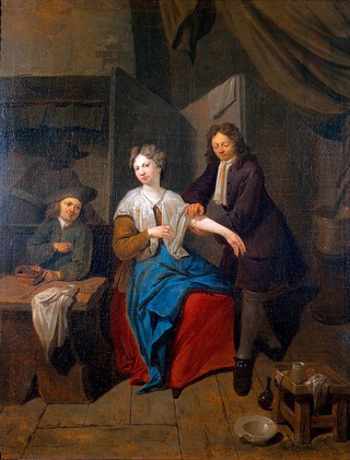 A surgeon preparing to let blood by cupping, his apprentice warming the cupping glass. Oil painting attributed to Jan Baptist Lambrechts.