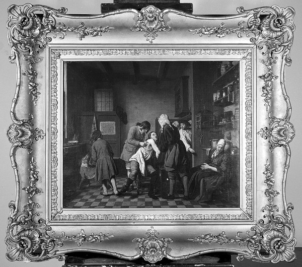 Interior with a surgeon and his apprentice attending to a patient. Oil painting by Jan Josef Horemans, 1722.