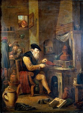 An alchemist in his laboratory. Oil painting by a follower of David Teniers the younger.