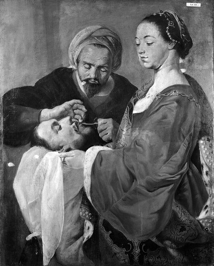 Herodias mutilating the severed head of Saint John the Baptist held by Salome. Oil painting attributed to Pieter de Grebber.