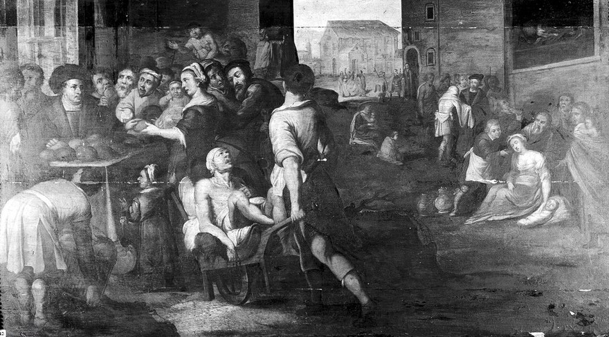 Works of mercy. Oil painting by a painter associated with Frans II Francken.