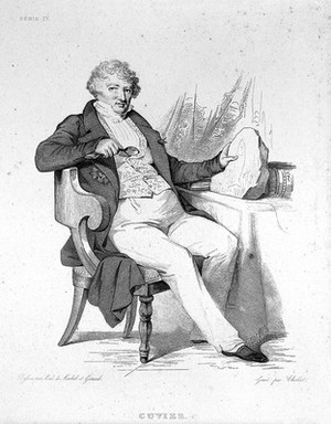 view Portrait of Baron Georges Cuvier, holding a fish fossil
