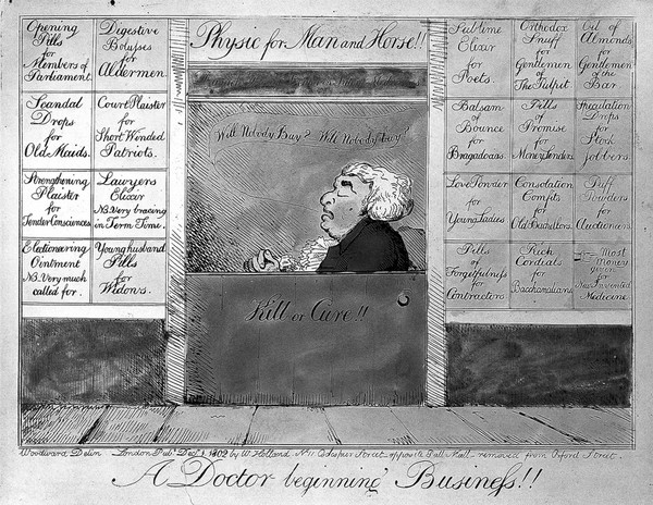 A new apothecary's shop open for business, with parody advertisements for different potions; representing the remedies required for different professions and social types. Coloured etching after G.M. Woodward, 1802.