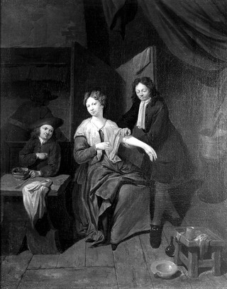 A surgeon preparing to let blood by cupping, his apprentice warming the cupping glass. Oil painting attributed to Jan Baptist Lambrechts.