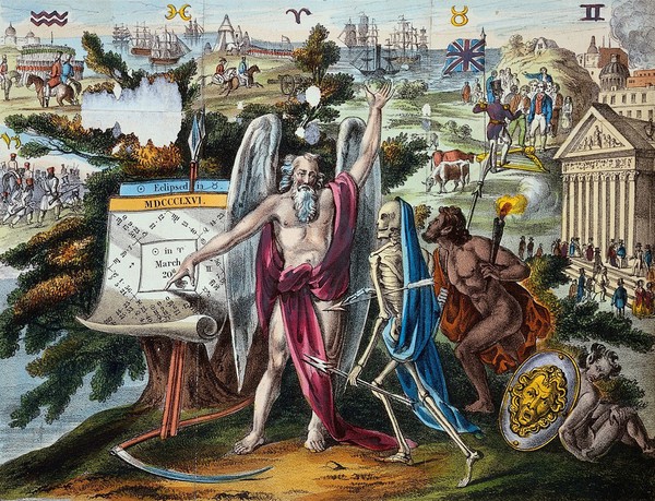 Astronomy: various apocalyptic scenes, including a mob by the Palace of Westminster [?], a mob being addressed by an orator in the City of London, and a paddle-steamer blowing up. Coloured lithograph, [c.1844?].