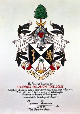 Armorial bearings of Sir H.S. Wellcome; signed by Conrad Swan, York Heralds of Arms
