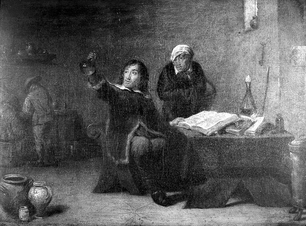 A medical practitioner examining a urine flask. Oil painting after David Teniers the younger.