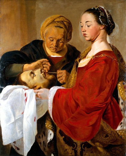 Herodias mutilating the severed head of Saint John the Baptist held by Salome. Oil painting attributed to Pieter de Grebber.