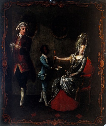 A surgeon and his black assistant letting blood from a lady's arm. Oil painting by an English painter, ca. 1780.