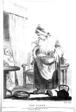 A dishevelled nurse with her disgruntled patient. Lithograph by W. Hunt.