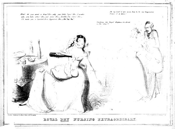 A drunken wet-nurse about to give the Prince of Wales (later Edward VII) a drop of alcohol as a horrified Queen Victoria and Prince Albert burst in on the scene. Lithograph.