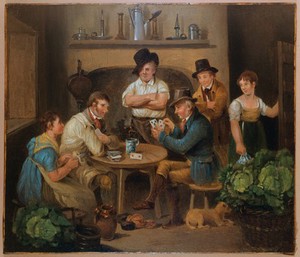 view Interior with two men playing cards and four other figures. Oil painting by Stephen Jenner (after George Morland?).