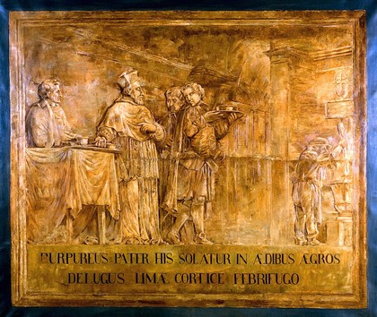 Episodes in the history of cinchona 3: Cardinal de Lugo orders the use of cinchona in the hospital of Santo Spirito, Rome. Oil painting.