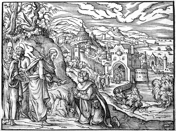 Christ healing a man of leprosy. Woodcut, 1571, after Jost Amman.