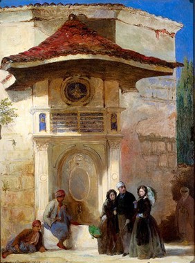 Florence Nightingale with Charles Holte Bracebridge and Selina Bracebridge in a Turkish street. Oil painting by Jerry Barrett, 1859.