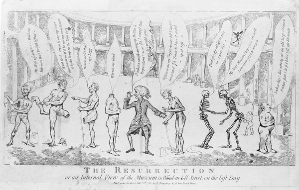 William Hunter (1718-1783) in his museum in Windmill Street on the day of resurrection, surrounded by skeletons and bodies, some of whom are searching for their missing parts. Engraving, 1782.