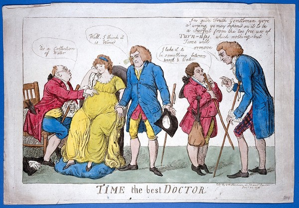 A group of physicians wrongly diagnosing the case of a pregnant woman. Coloured etching by I. Cruikshank, 1803.