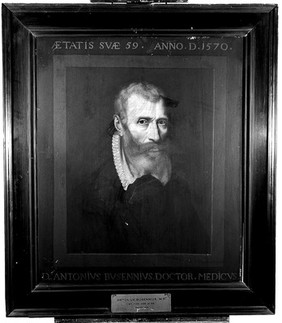 Antonius Busennius, professor of medicine at Louvain 1548-1550, city physician of Antwerp, medical humanist. Oil painting attributed to Adriaen Thomasz. Key.