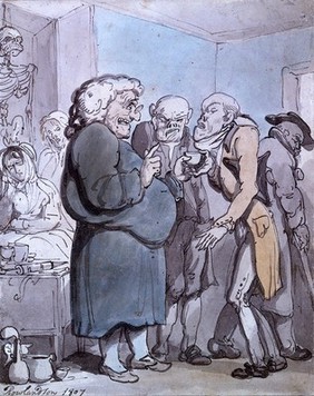 Patients consulting an obese quack. Watercolour painting by T. Rowlandson, 1807.