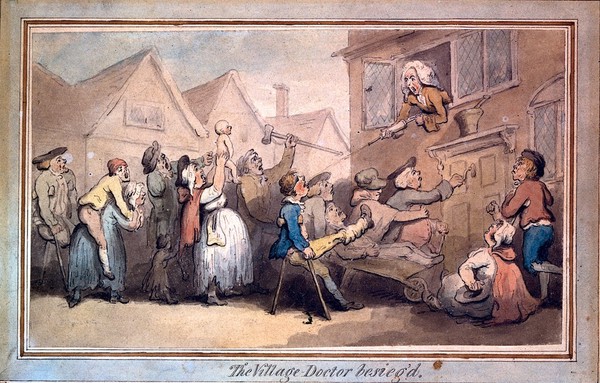 A long queue (line) of angry patients agitating outside the house of a doctor (surgeon-apothecary); he squirts a syringe at them from an upstairs room. Watercolour, ca. 1800.