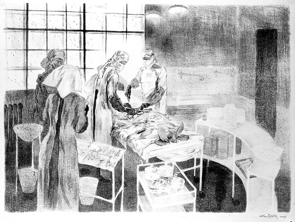 Two surgeons performing an operation; two nurses at their side. Lithograph by John Copley, 1911.