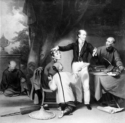 Thomas Colledge attending a patient at his eye hospital in Macau. Aquatint by W. Daniell, 1834, after G. Chinnery.