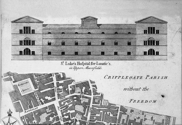 St Luke's Hospital, Cripplegate, London, with a map of Cripplegate Ward and the armorial device of John Blachford. Engraving by B. Cole, 1755.