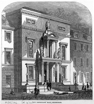 The entrance to the New Physicians' Hall, Edinburgh, Scotland. Wood engraving.