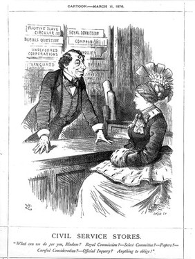 Cartoon "Civil Service Stores" from Punch 11 March 1876