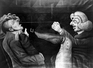 view A man extracting a tooth from the mouth of another man by pulling a string attached to the tooth; after or in the style of Tim Bobbin (John Collier, 1708-1786)