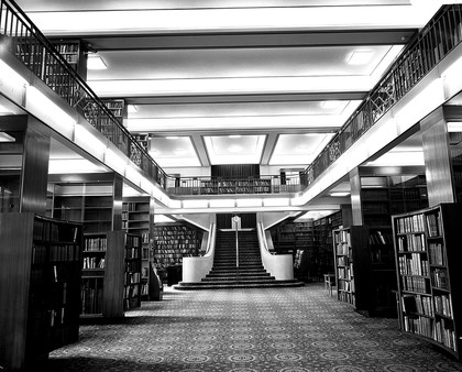 View of main library hall towards stairwell.