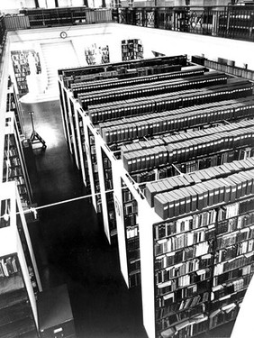 Wellcome Library: view of stacks from the gallery, 1953