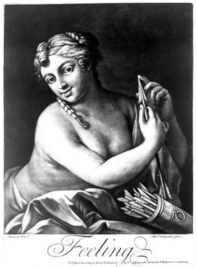 A woman feeling the tip of an arrow with her finger; representing the sense of touch. Mezzotint by A. van Haecken after J. Amigoni.