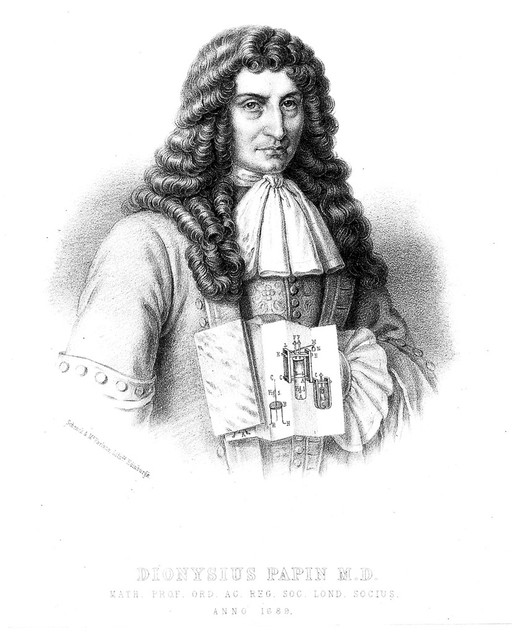 Portrait of Denis Papin holding diagram of steam engine