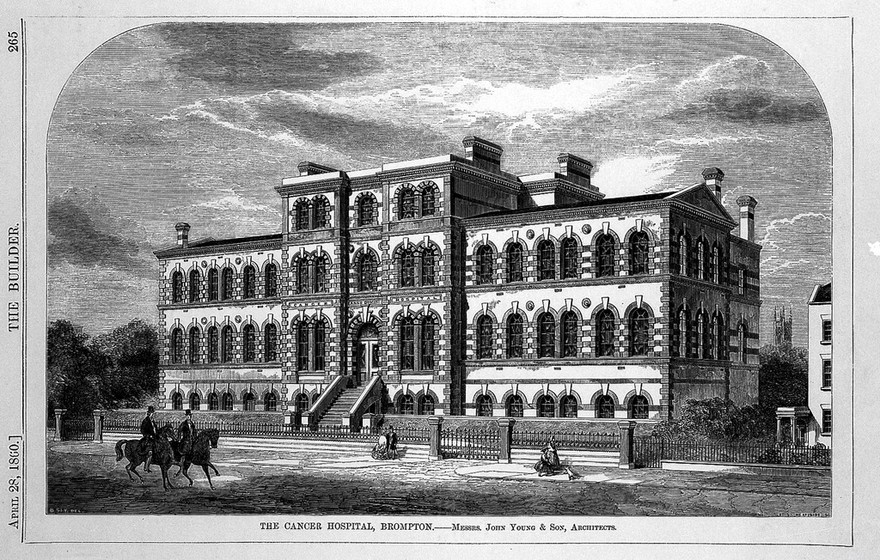 The Free Cancer Hospital, Kensington, London: view from the street. Wood engraving by J.S. Heaviside after B. Sly, 1860.
