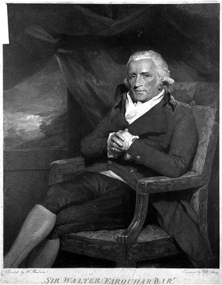 Portrait of Sir Walter Farquhar, Baronet (1738-1819, full-length, seated by Sharp after Raeburn.