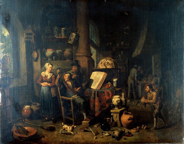 A physician sitting before a table, holding a urine flask, with two women, a boy and several other figures in the room. Oil painting by Gerard Thomas.