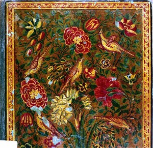 view Qajar Persian lacquer binding , 12th/18th Centuries: lacquer, gold leaf, with various pigments. Detail: upper half of front cover