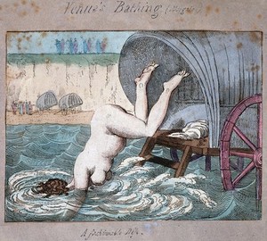 view Margate, Kent: a woman diving off a bathing wagon in to the sea. Coloured etching, ca. 1800.