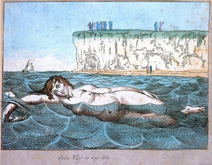 Margate, Kent: a woman swimming in the sea; in the background people are looking out to sea from cliffs and a beach. Coloured etching, ca. 1800.