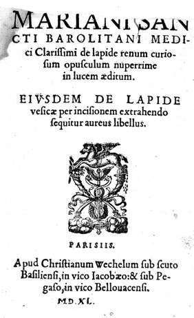 Marianus Sanctus " De lapide", 1540; title page