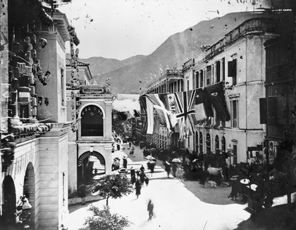 Queen's road, Hong Kong. Photograph, 1981, from a negative by John Thomson, ca. 1869.