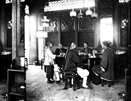 Interior of tea-house, Hong Kong. Photograph, 1981, from a negative by John Thomson, 1868/1871.